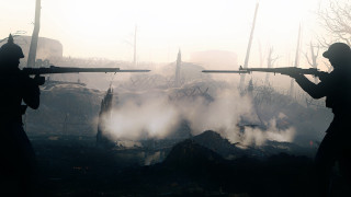 Silhouette men guns smoke trees - area free wallpaper