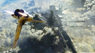 Yellow plane mountain clouds star - over a mountain free wallpaper