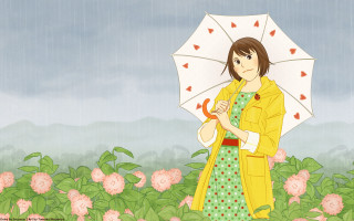 Woman yellow raincoat umbrella field - storybook illustration free wallpaper