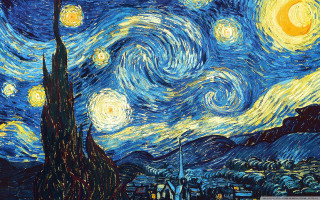 Starry night building trees foreground - postimpressionism free wallpaper