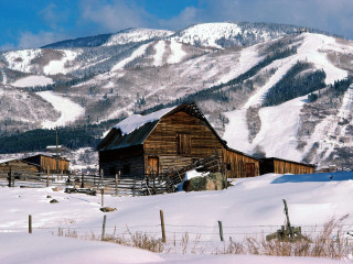 Barn mountains snow background clouds - kodachrome free wallpaper