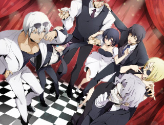 Group people checkered floor red 2 - a red curtain free wallpaper