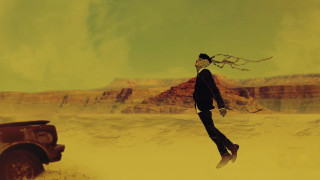 Man black suit jumping car - a surrealist painting free wallpaper