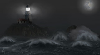 Lighthouse rock ocean night full - a rock in the middle of the ocean free wallpaper