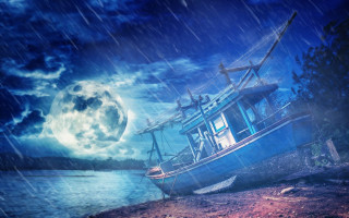 Boat shore rain night full - cinematic matte painting free wallpaper