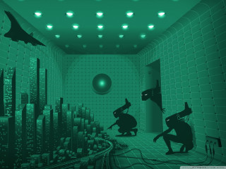 Green lights cat man room - dystopian art free wallpaper for desktop