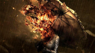 Woman umbrella rain fire leaves - surrealism free wallpaper