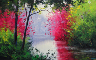 River trees water red green - a painting of a river free wallpaper