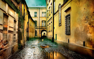 Narrow alley boat water building - the water and a building in the background free wallpaper