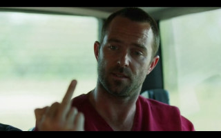 Man red shirt pointing air - his finger free wallpaper