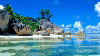 Beach rocks water trees blue 3 - a few white cloud free wallpaper