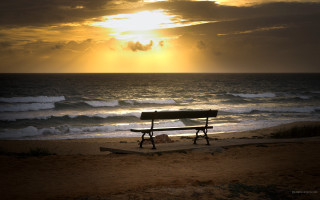 Bench beach sunset waves magic - the water behind free wallpaper
