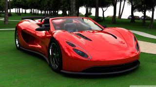 Red sports car green field - lush free wallpaper