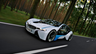 White blue car forest road - car free wallpaper