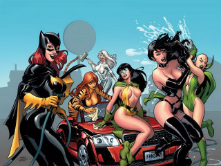 Women costumes car man background - feminist art free wallpaper