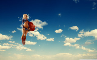 Woman flying bikini red cape 2 - giantess art free wallpaper