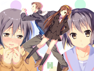 Anime girls group pose school - their hand together free wallpaper