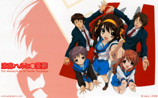 Anime characters pose red background - free anime wallpaper