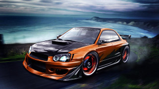 Car driving ocean road cloudy - digital art free wallpaper for desktop