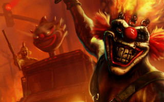 Clown gun fire building background - his hand and a fire in the background free wallpaper