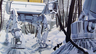 Robot snow trees yellow building - syd mead. free wallpaper