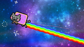 Pixelated cat flying rainbow space - in the background free wallpaper
