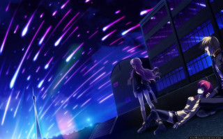 Anime girls sitting ledge watching - night sky free wallpaper