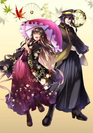 Anime characters umbrellas flowers beige - a beige background free wallpaper