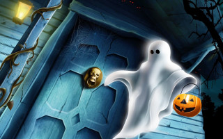Ghost coming out door pumpkin - free halloween wallpaper