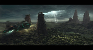 Futuristic sci fi flyer mountain - cinematic matte painting free wallpaper for desktop