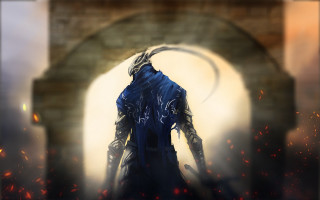 Man blue outfit doorway sword - his hand and a fire in the background free wallpaper