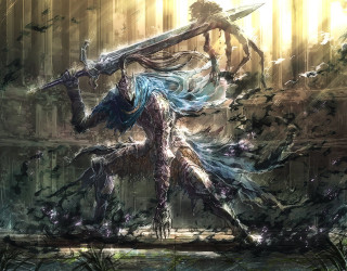 Woman sword forest giant creature - dark soul free wallpaper for desktop