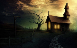 Church spooky landscape tree fence - spooky free wallpaper