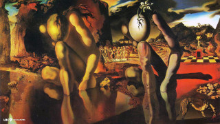 Man holding giant egg woman - surrealist free wallpaper for desktop