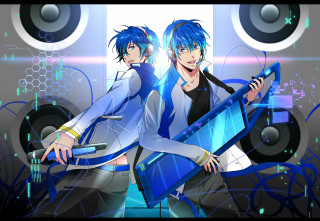 Blue haired boys headphones microphone - a blue hair free wallpaper for desktop