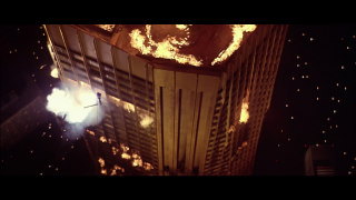 Fire burning tall building clock - brutalism free wallpaper