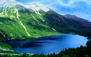 Mountain range lake blue sky - a lake in the middle of it free wallpaper for desktop