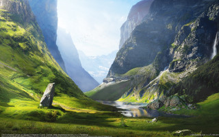 Valley waterfall mountain bird flying - a waterfall in the middle of it free wallpaper