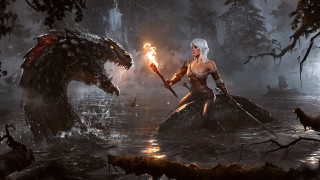 Woman fire stick dragon river - free fantasy wallpaper