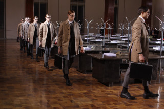 Men walking wooden floor suits - tech wear free wallpaper