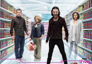 Grocery aisle group people pink - dirk crabeth free wallpaper