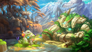 Cartoon mountain lake waterfall forest - a few animal free wallpaper
