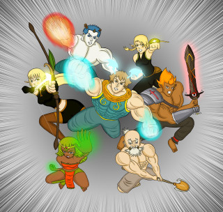 Cartoon characters group poses abilities - comic cover art free wallpaper for tablet