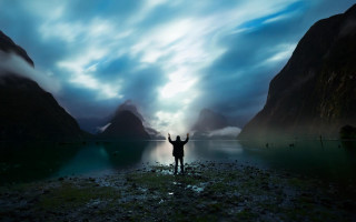 Beach person arms up mountains - david boyd free wallpaper for desktop