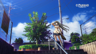 Anime girl stairs sword building - her hand and a building in the background free wallpaper