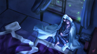 Woman sitting bed room window - nighttime free wallpaper