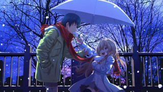 Romantic snowy umbrella aisle festival - a man and a woman free wallpaper