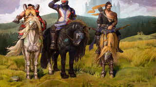 Three men horseback field castle - cloud and mountains free wallpaper