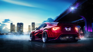 Red sports car city skyline 3 - fog free wallpaper
