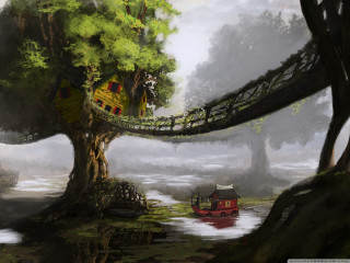 Tree house bridge river boat - the water below free wallpaper